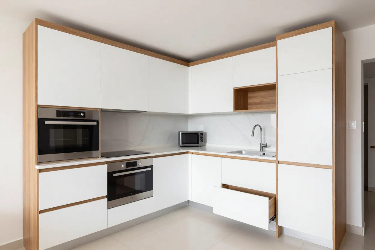 Cozinha planejada com móveis sob medida aproveitando canto irregular do ambiente