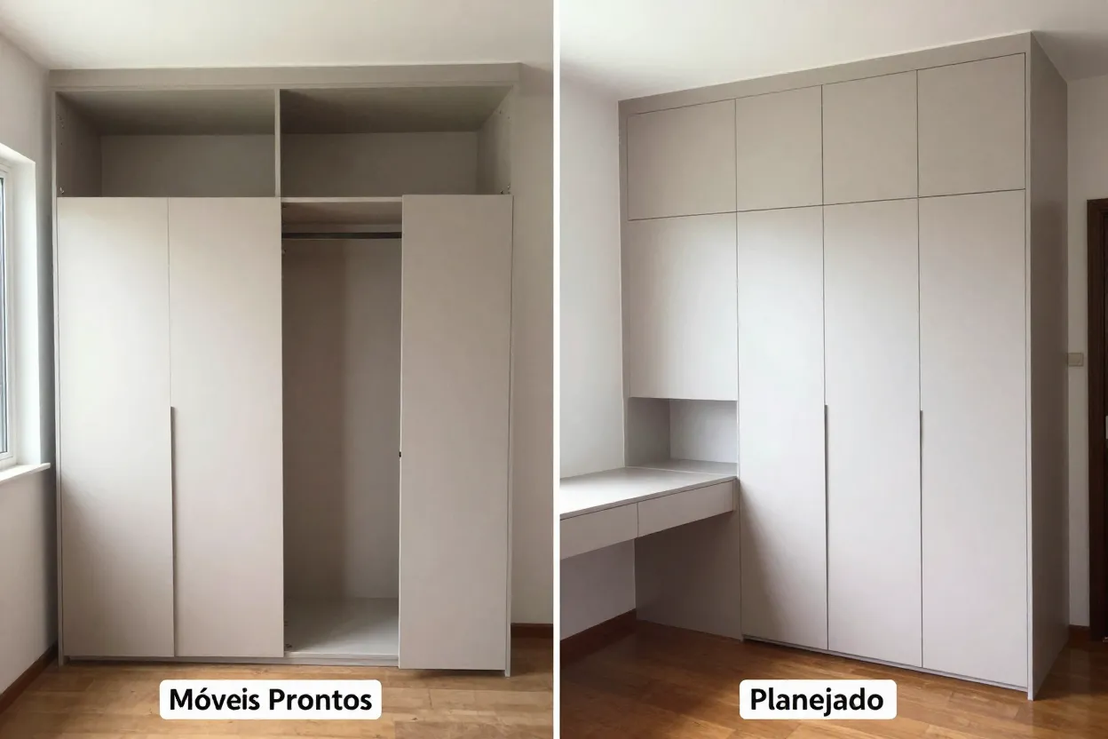 Comparativo visual de quarto com móveis prontos vs quarto com móveis planejados