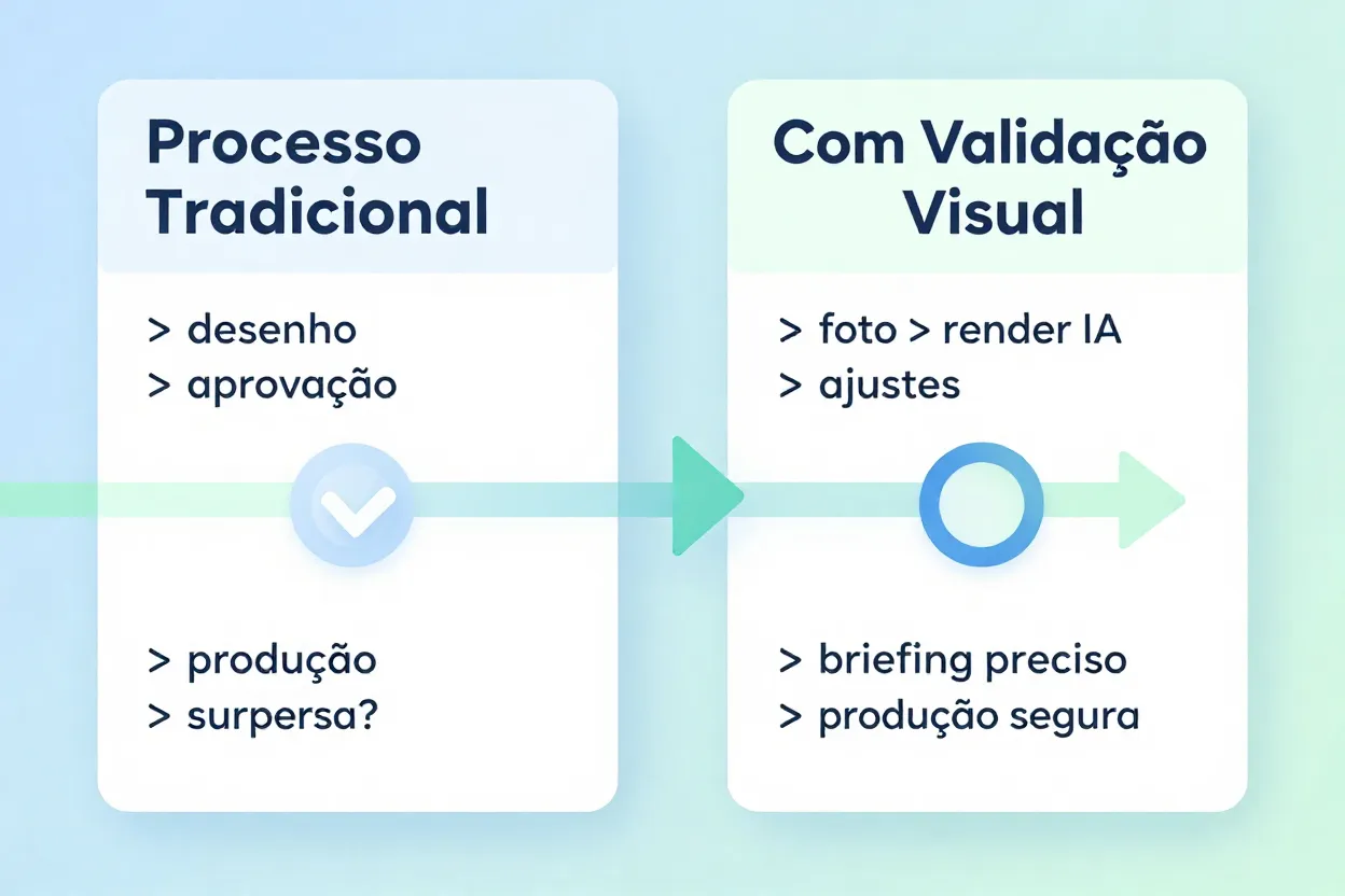 Comparativo de processo tradicional versus validação visual com IA para móveis planejados
