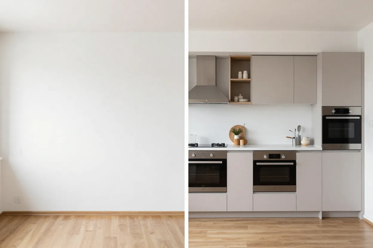 Cozinha vazia transformada em cozinha planejada moderna através de render de inteligência artificial