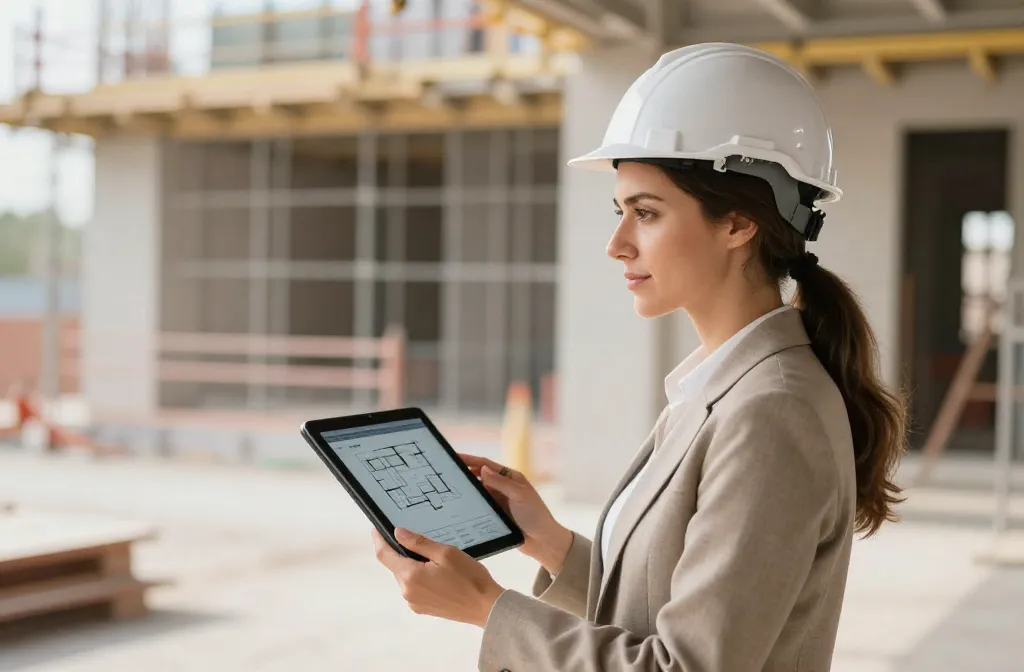 Arquiteta usando tablet com aplicativos de design em visita técnica a obra