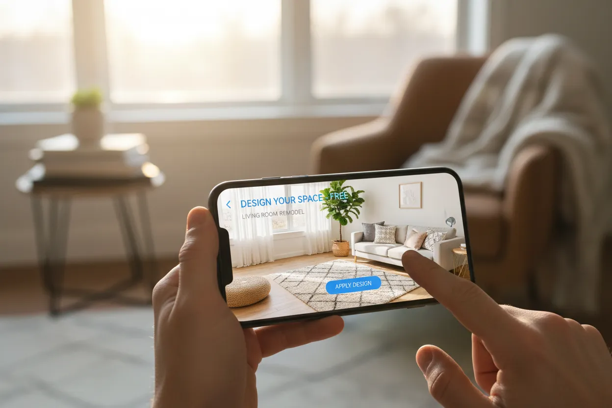 Pessoa usando app de decoração no celular com visualização de ambiente