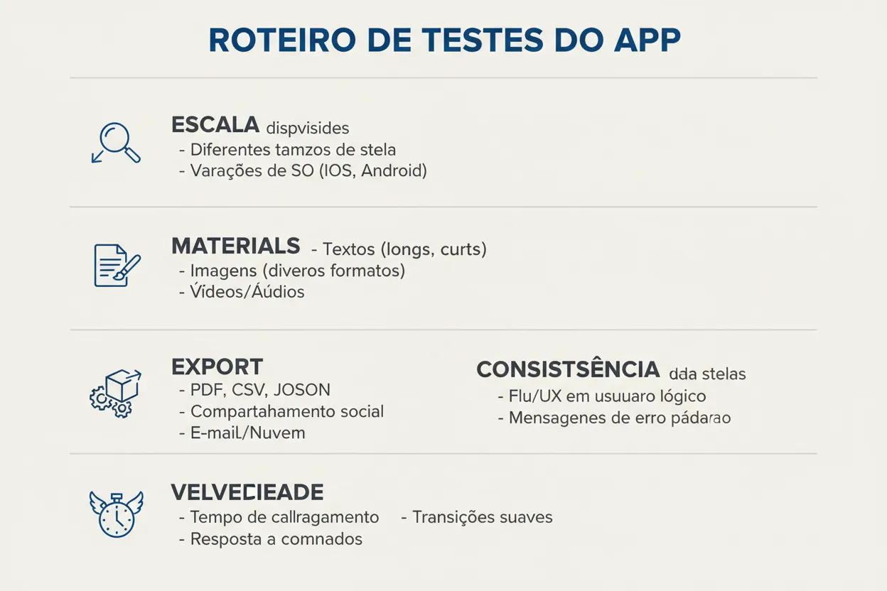 Checklist de testes de app: escala, materiais, export e consistência