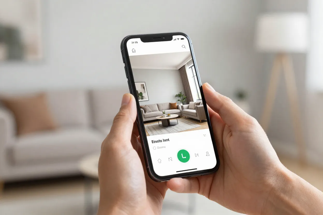 Smartphone exibindo app de decoração com render de sala e mãos navegando na interface
