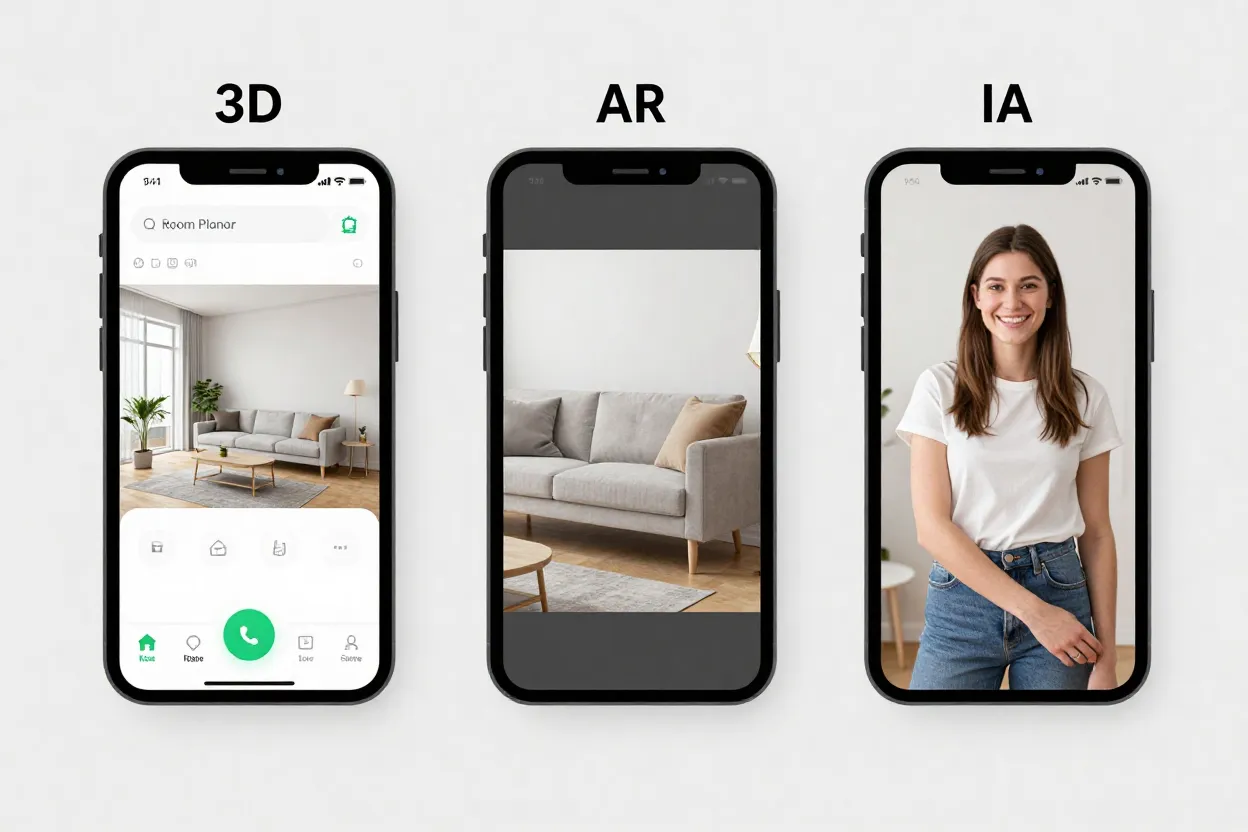 Comparativo visual de interfaces de três categorias de apps de decoração