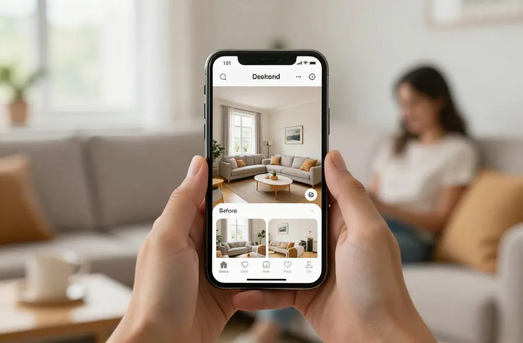 Mãos segurando smartphone com app de decoração mostrando sala transformada