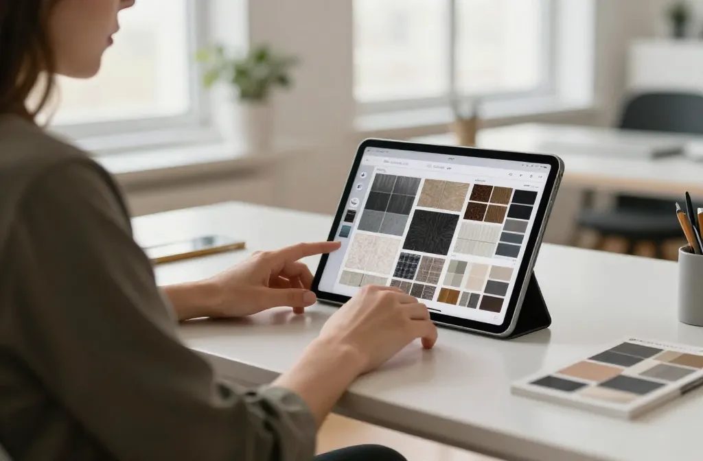 Designer de interiores trabalhando em tablet com apps de moodboard e render