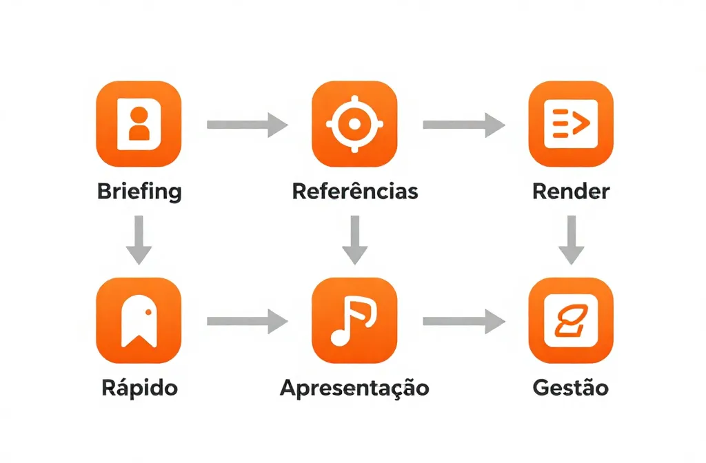 Fluxograma de workflow de design de interiores com apps recomendados por etapa