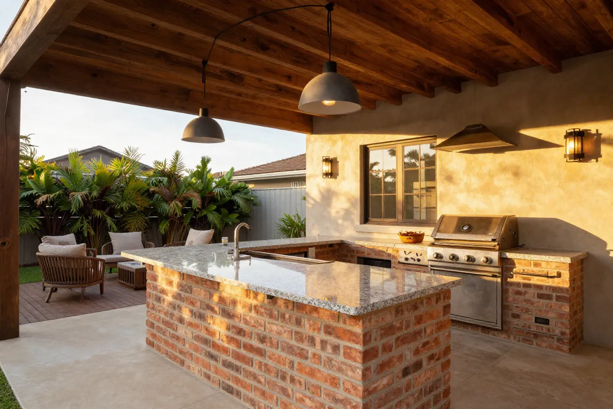 Área gourmet completa com churrasqueira de alvenaria, bancada em granito e iluminação decorativa