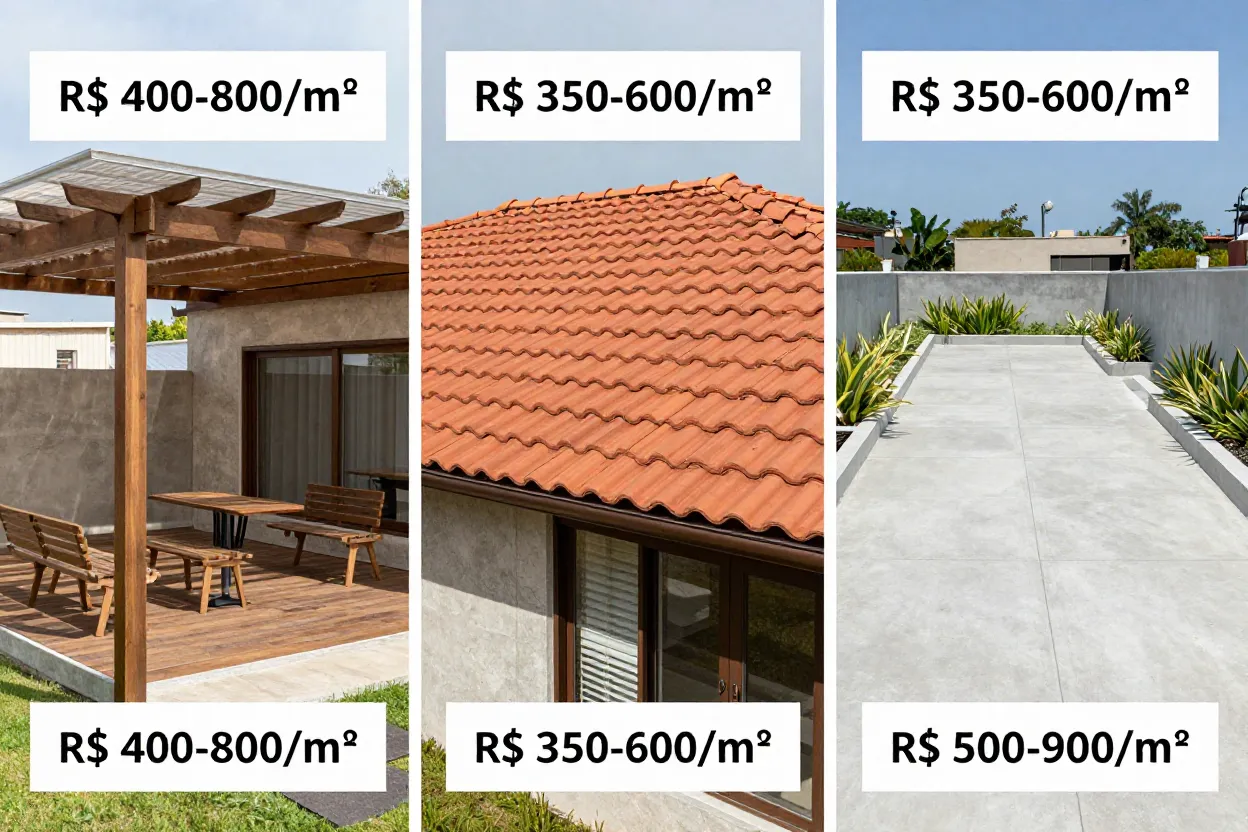 Comparativo visual de três tipos de cobertura para área gourmet: pergolado, telhado colonial e laje