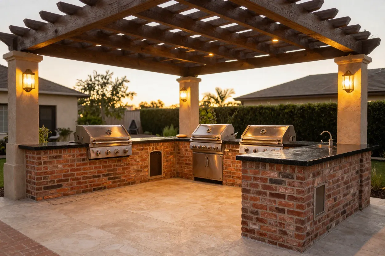 Área gourmet completa com churrasqueira de alvenaria e bancada de granito