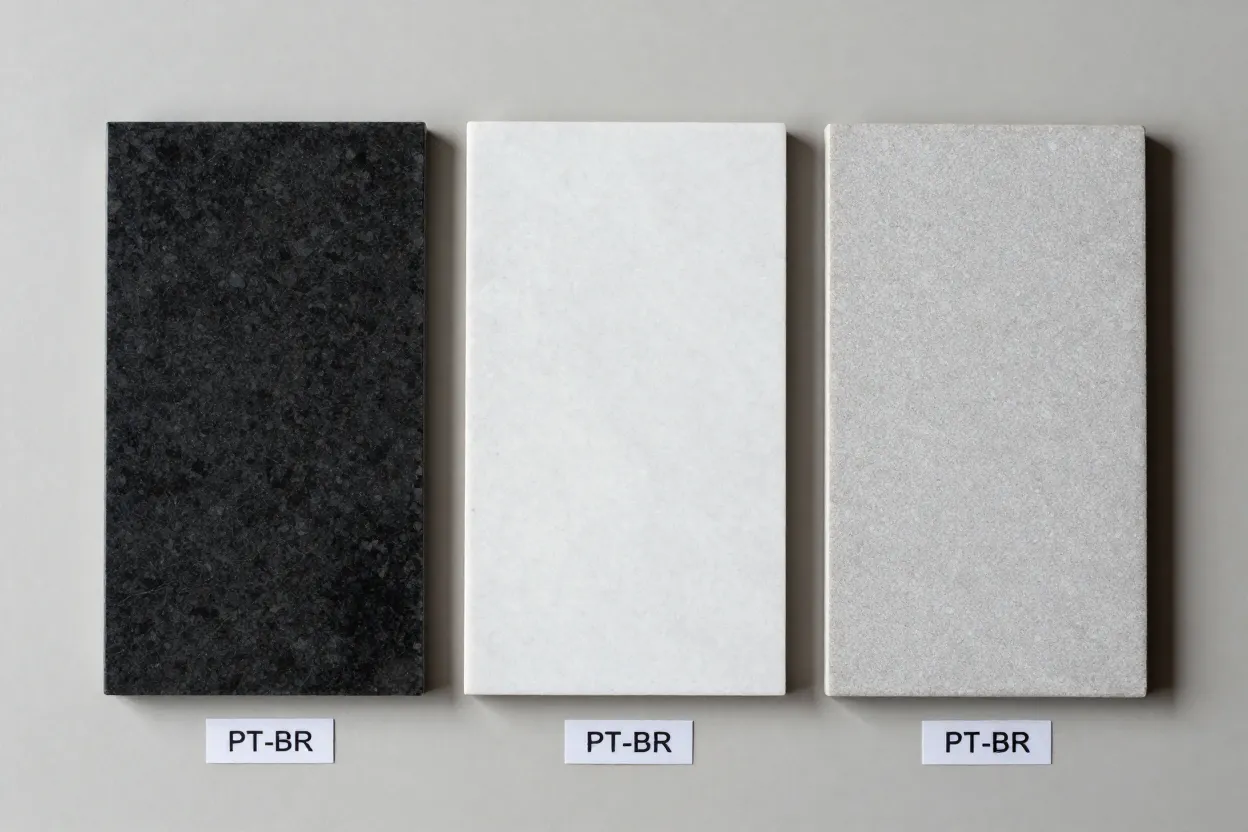 Três amostras de bancada lado a lado mostrando granito quartzito e porcelanato