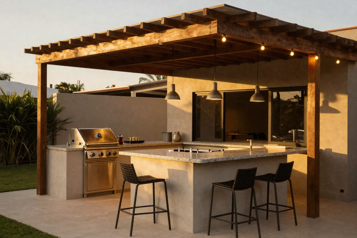 Área gourmet moderna com churrasqueira a gás, bancada de granito e banquetas altas