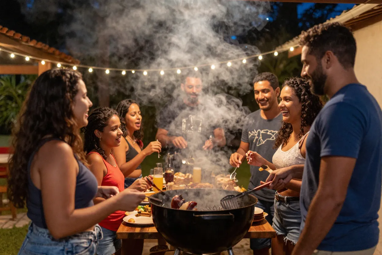 Família reunida em área gourmet durante confraternização com churrasqueira em uso