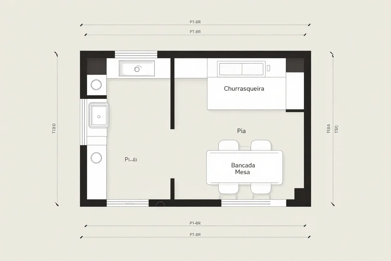 Planta baixa de área gourmet mostrando layout com churrasqueira, pia, bancada e mesa
