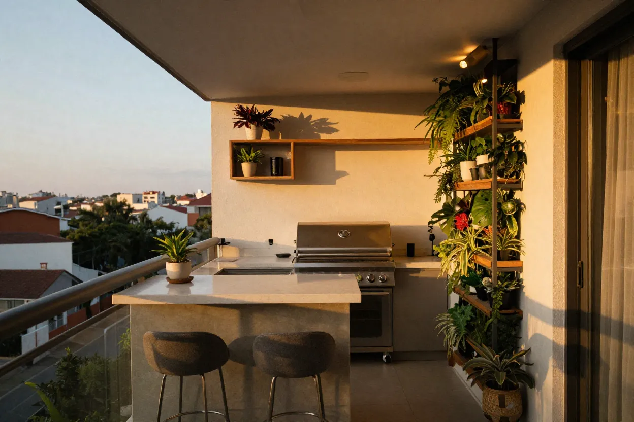 Varanda gourmet compacta com churrasqueira elétrica, bancada otimizada e banquetas