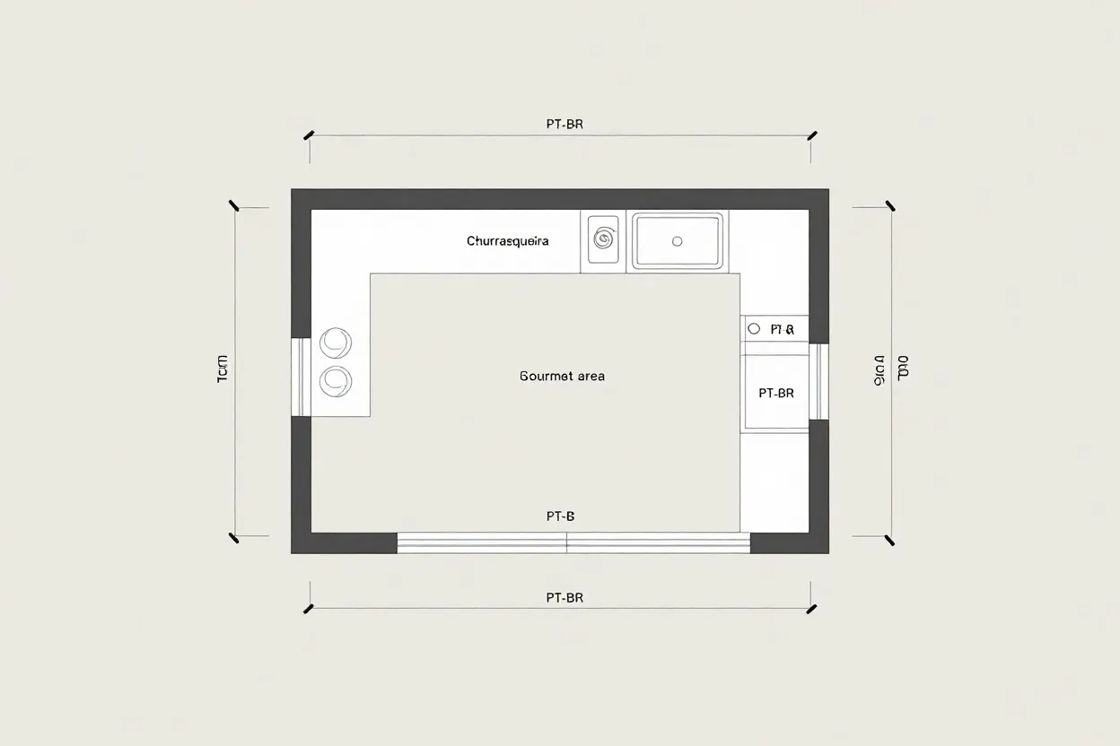 Diagrama de medidas mínimas para área gourmet compacta em varanda de apartamento