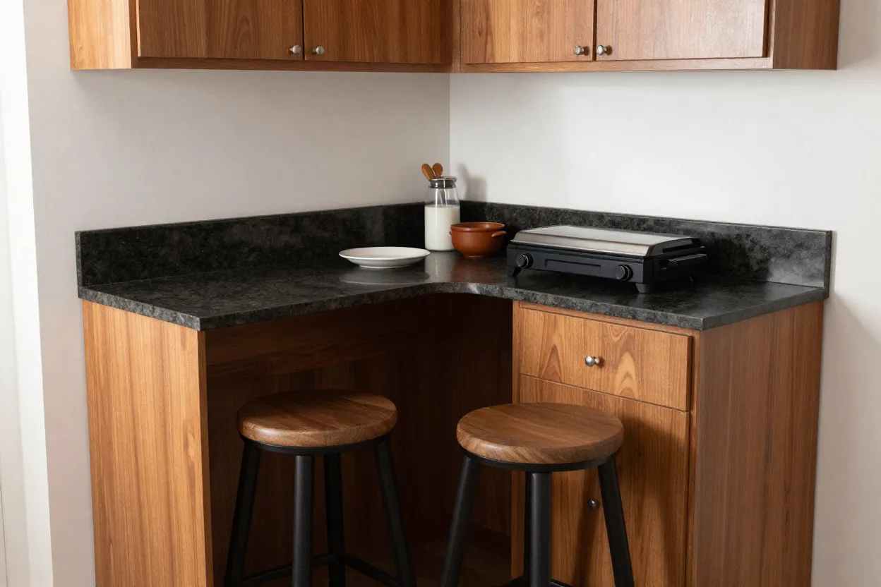 Bancada multifuncional de área gourmet pequena com armário inferior e banquetas