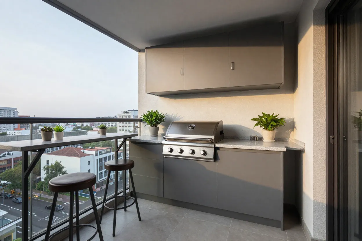 Varanda gourmet compacta de apartamento com churrasqueira elétrica e bancada otimizada