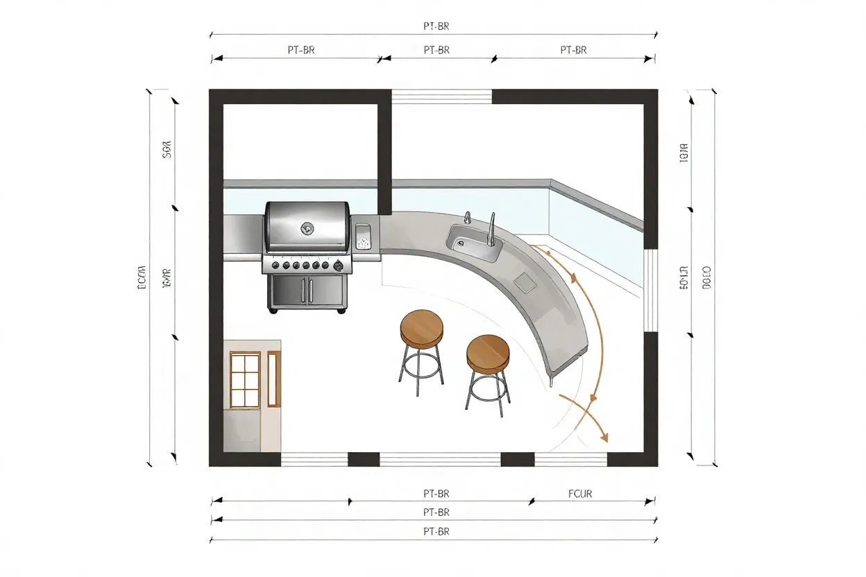 Planta baixa cotada de área gourmet de 4m² com layout em L
