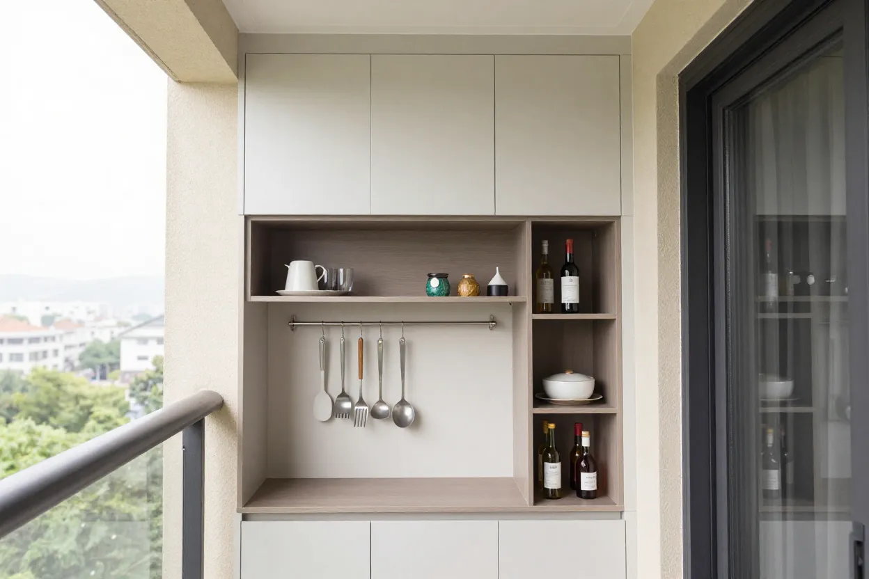 Sistema de armazenamento vertical em varanda gourmet pequena com armários até o teto