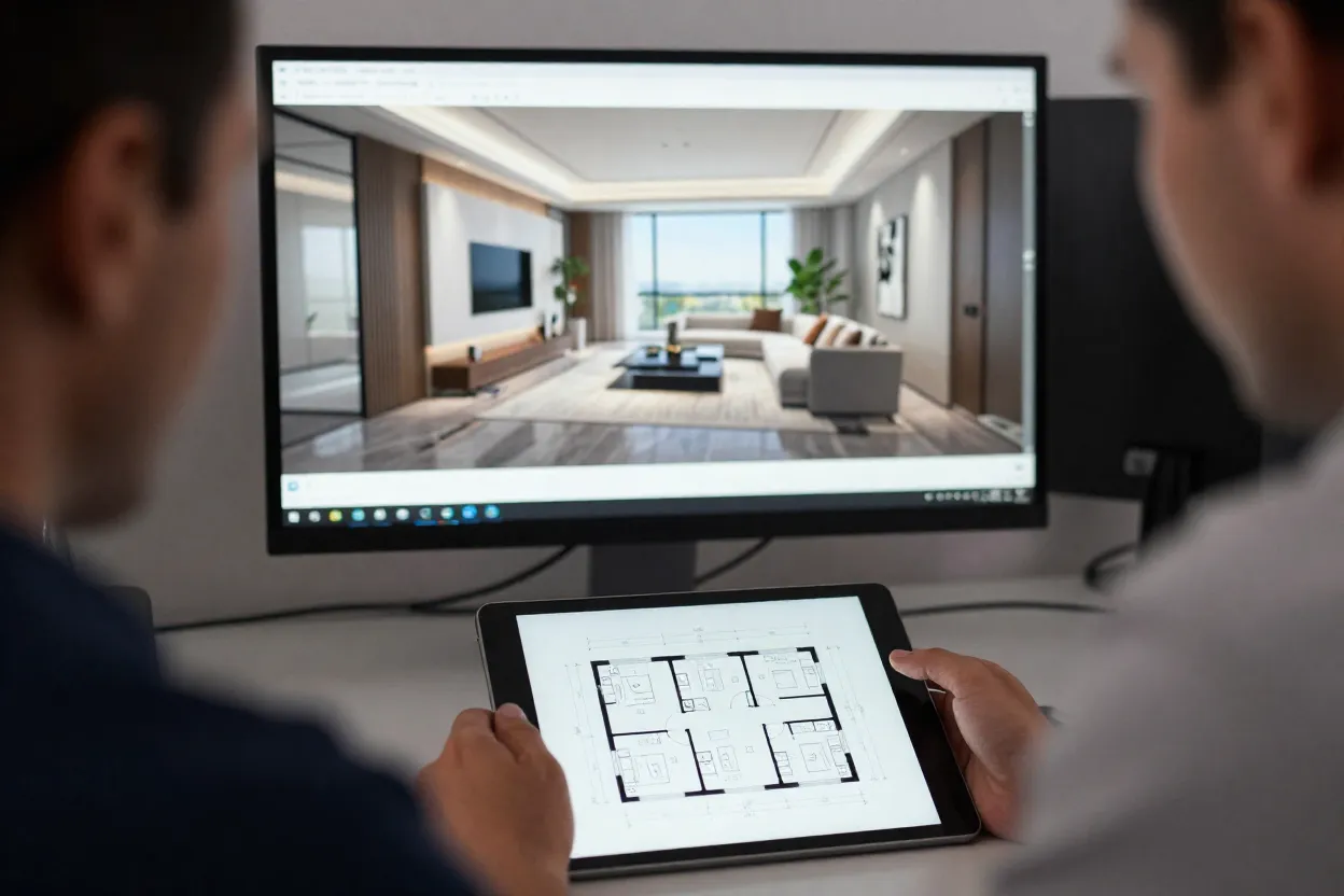 Arquiteto analisando planta baixa em tablet com render 3D de ambiente ao fundo