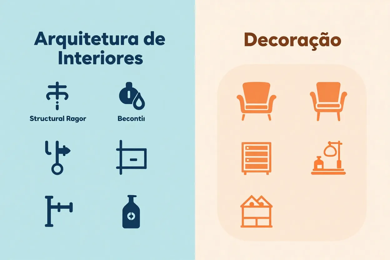 Infográfico comparando escopo de arquitetura de interiores versus decoração