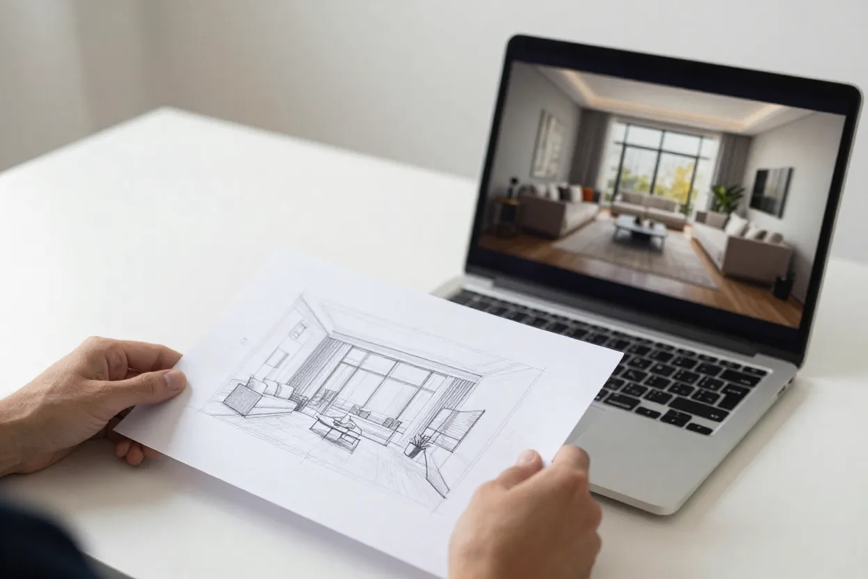 Workflow mostrando arquiteto usando inteligência artificial para gerar render de projeto