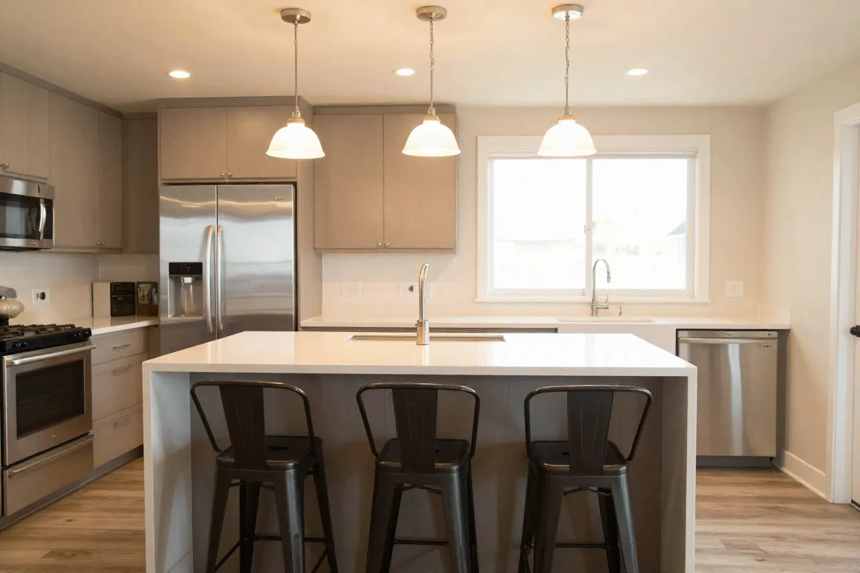 Cozinha americana moderna com balcão de quartzo branco e banquetas altas em ambiente integrado