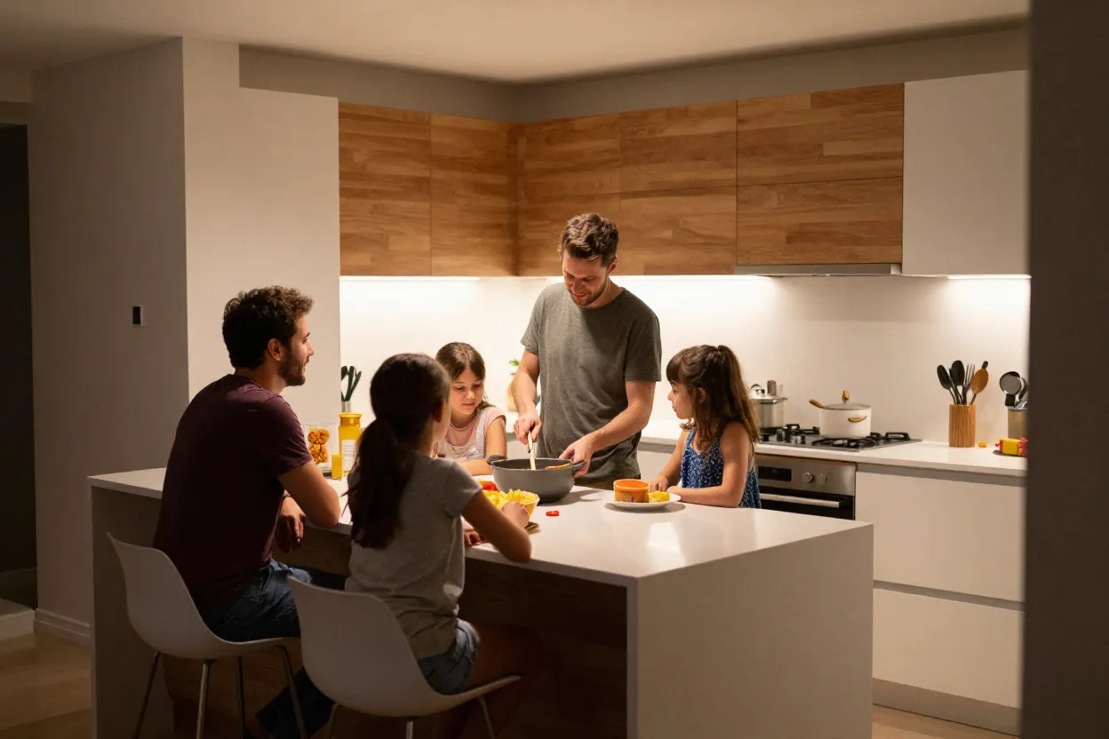 Família reunida em torno do balcão de cozinha americana durante preparo de refeição