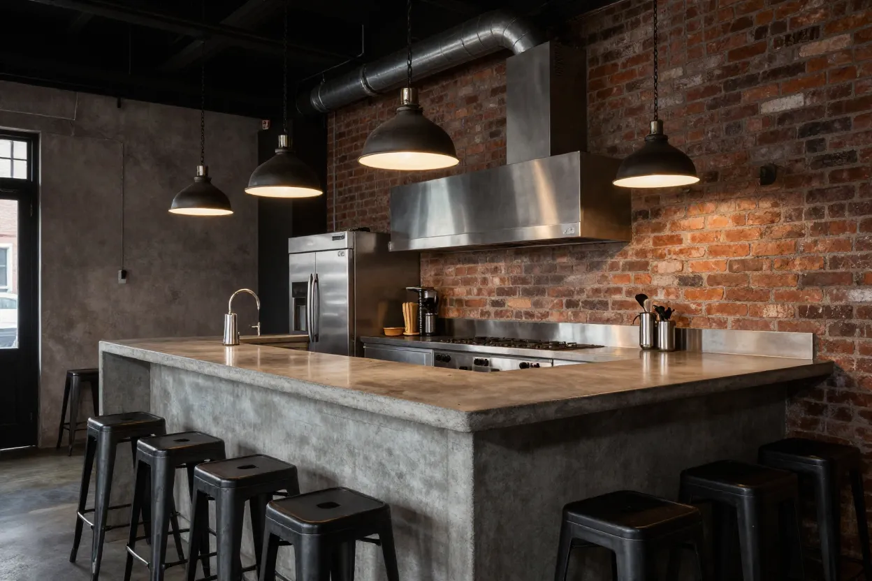 Cozinha americana estilo industrial com balcão de concreto e banquetas metálicas