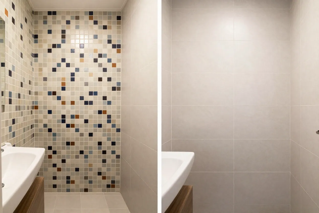 Comparativo de banheiro pequeno com revestimento fragmentado versus revestimento contínuo ampliando o espaço