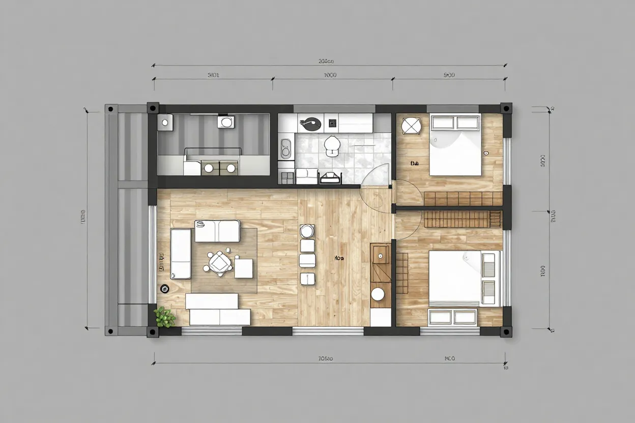 Planta baixa de casa container 40 pés com sala, quarto e banheiro