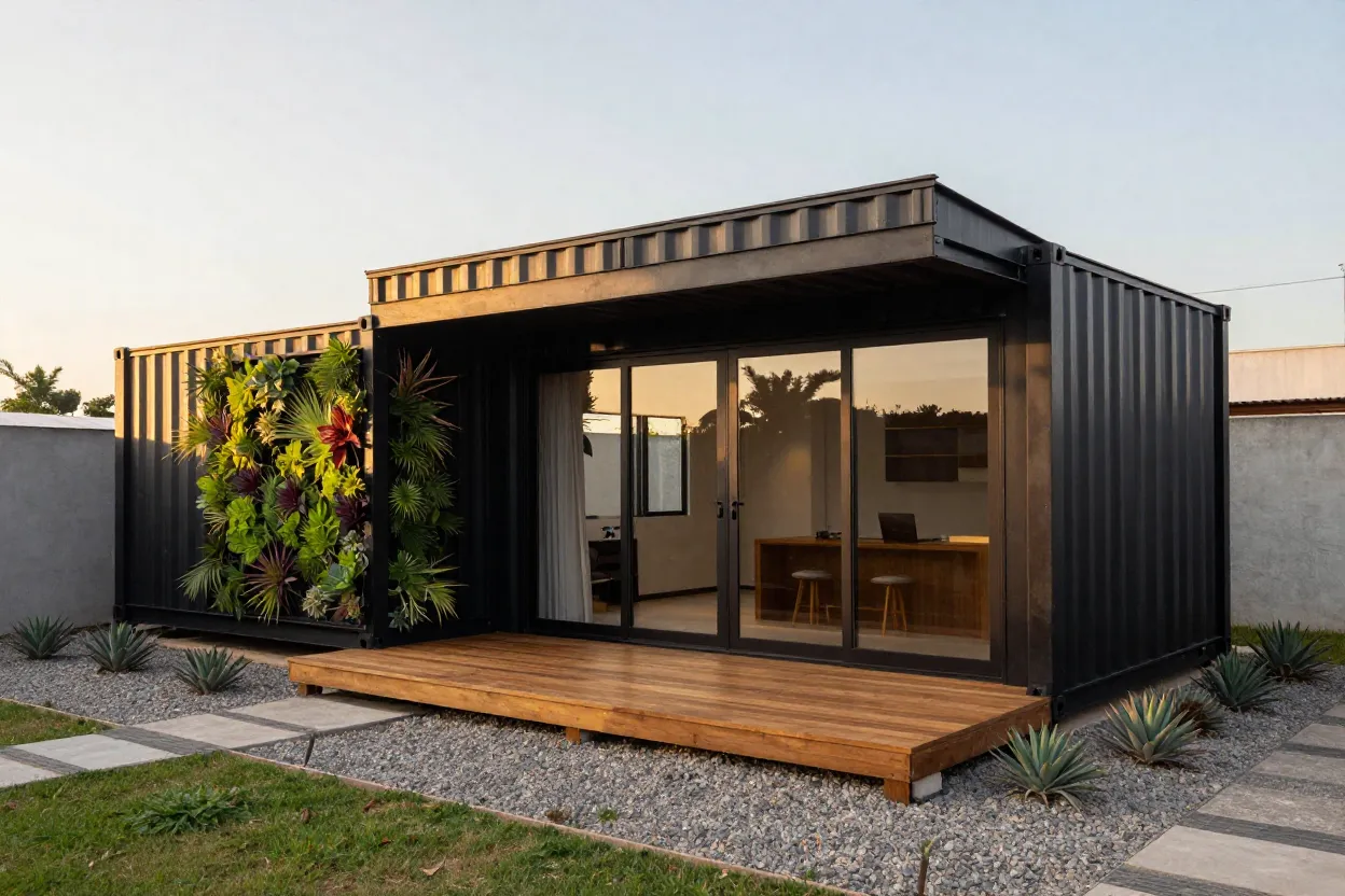 Casa container preta com deck de madeira e jardim vertical na fachada