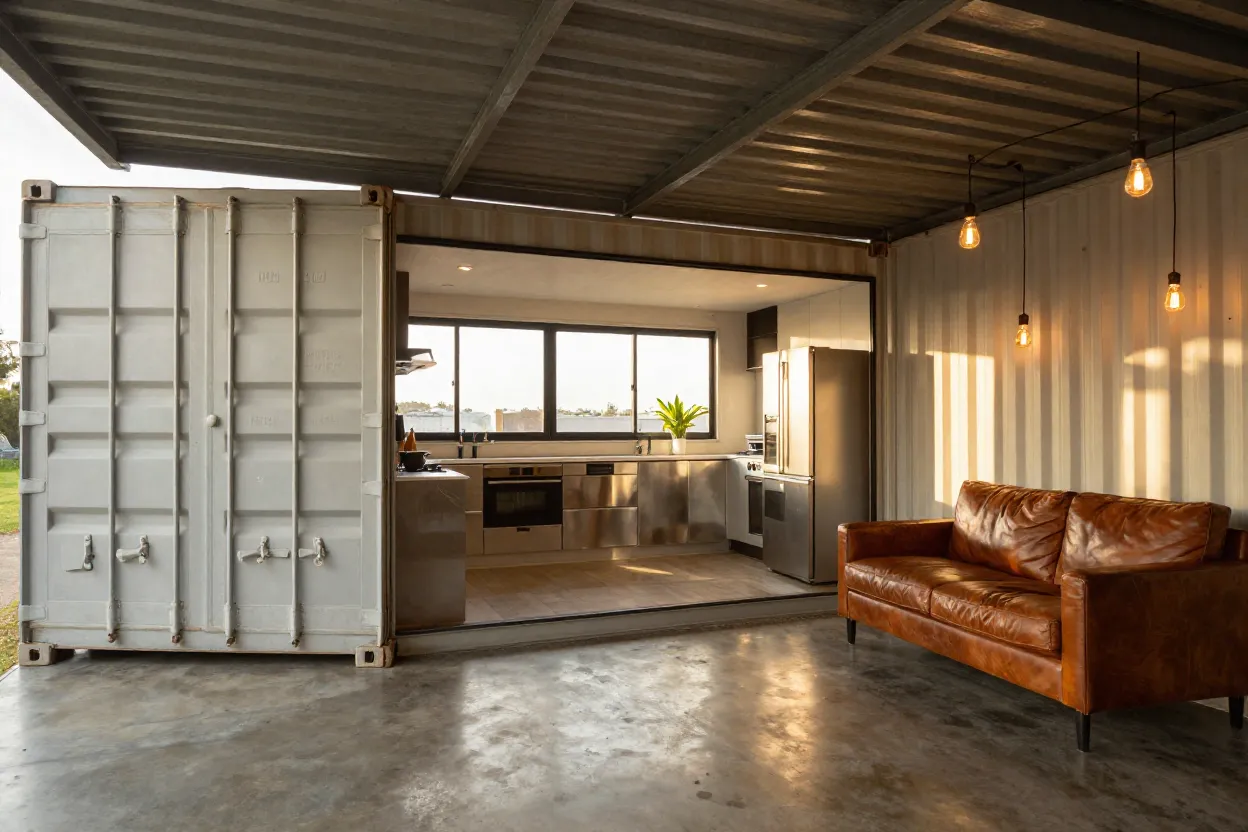 Interior de casa container com decoração industrial e cozinha integrada