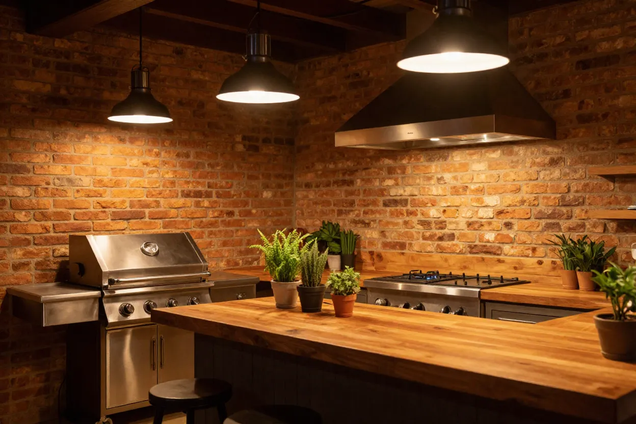 Área gourmet rústica com churrasqueira a gás e revestimento de tijolinhos