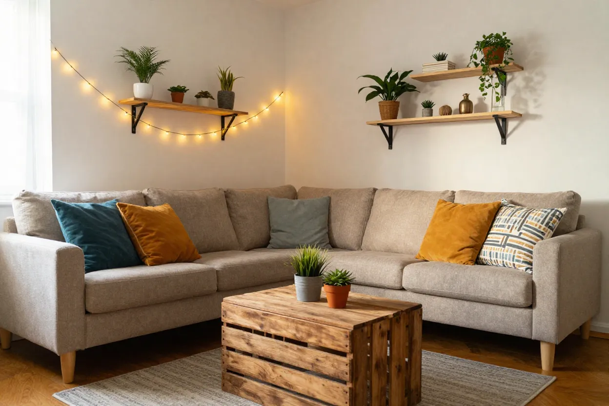 Sala transformada com decoração DIY mostrando almofadas coloridas plantas e iluminação criativa