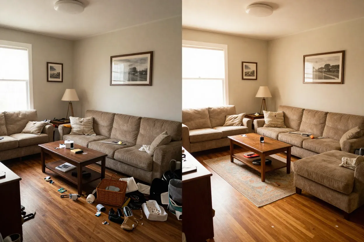 Antes e depois de sala transformada apenas com reorganização de móveis e objetos