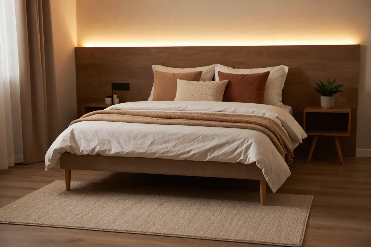 Quarto renovado com investimento de R$500 mostrando tapete almofadas e iluminação LED