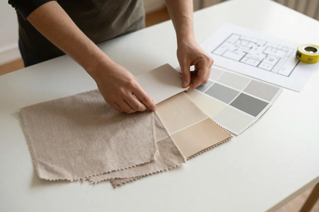 Pessoa organizando amostras de cores e tecidos sobre mesa branca com planta baixa ao lado