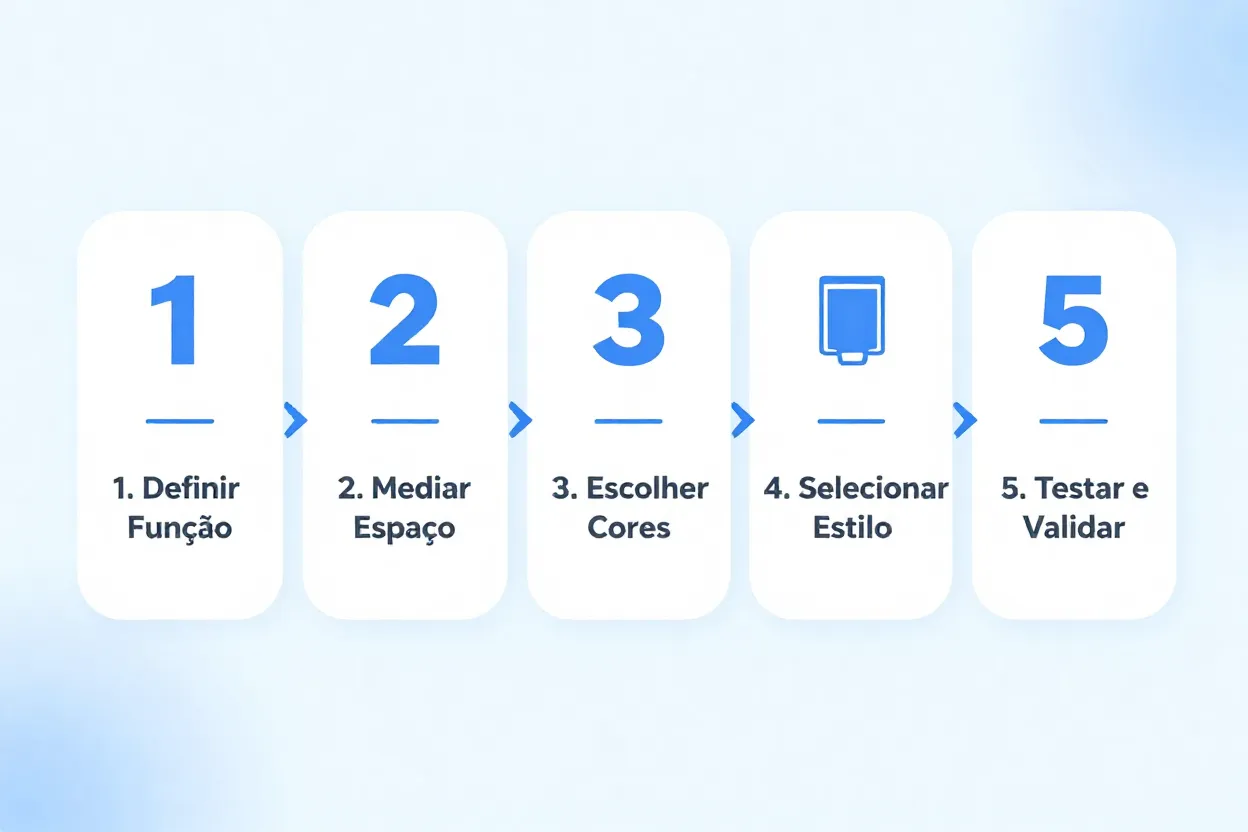 Infográfico com cinco passos da metodologia de decoração em português