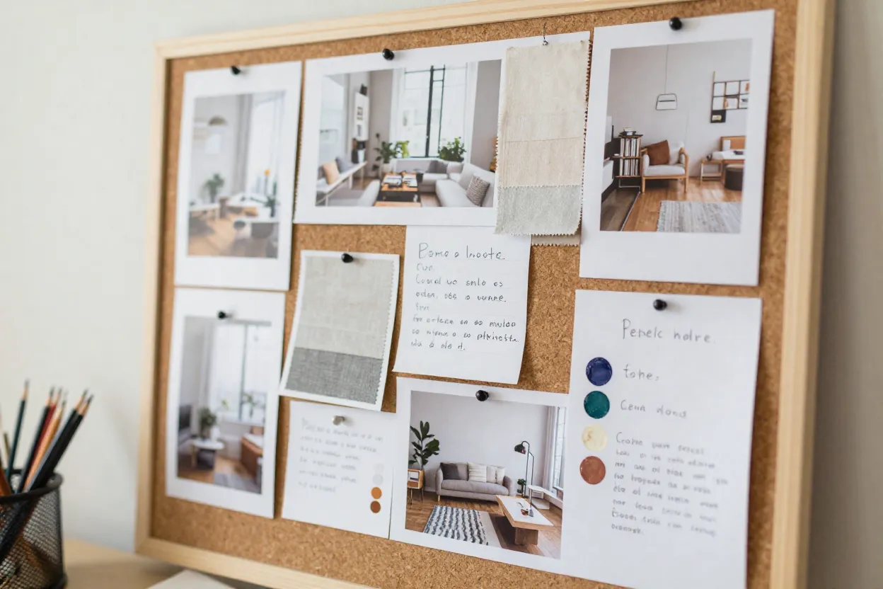 Moodboard com imagens de decoração, amostras de tecido e paleta de cores