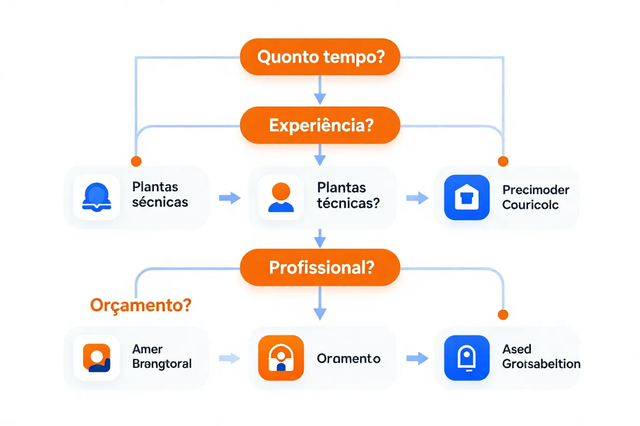 Fluxograma de decisão com 5 perguntas direcionando para diferentes apps