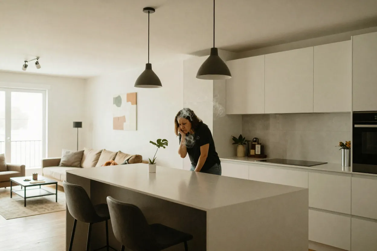 Cozinha americana integrada à sala com bancada e pendentes decorativos