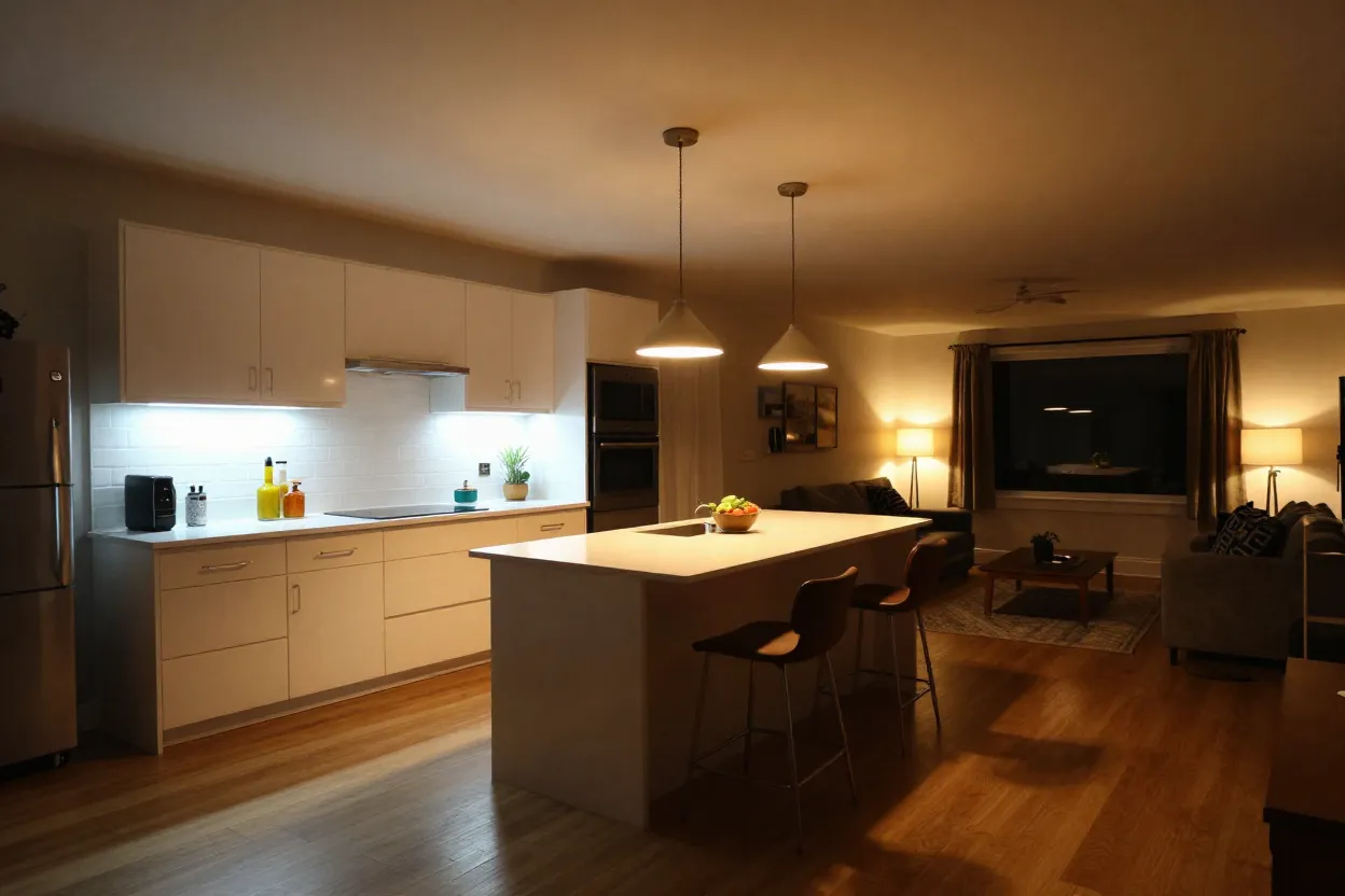 Cozinha americana com iluminação em zonas independentes mostrando diferentes temperaturas de cor