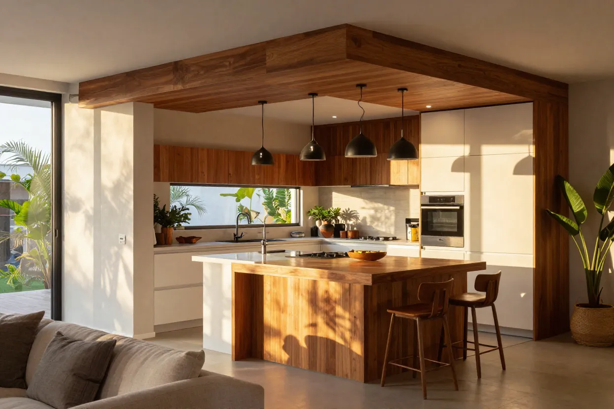 Cozinha americana integrada com sala usando bancada como divisória visual elegante