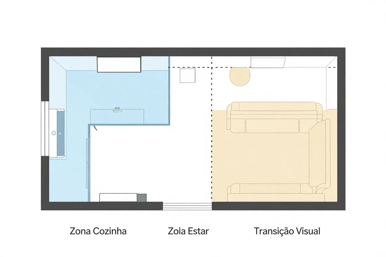 Diagrama mostrando zonas visuais em ambiente integrado com cozinha e sala