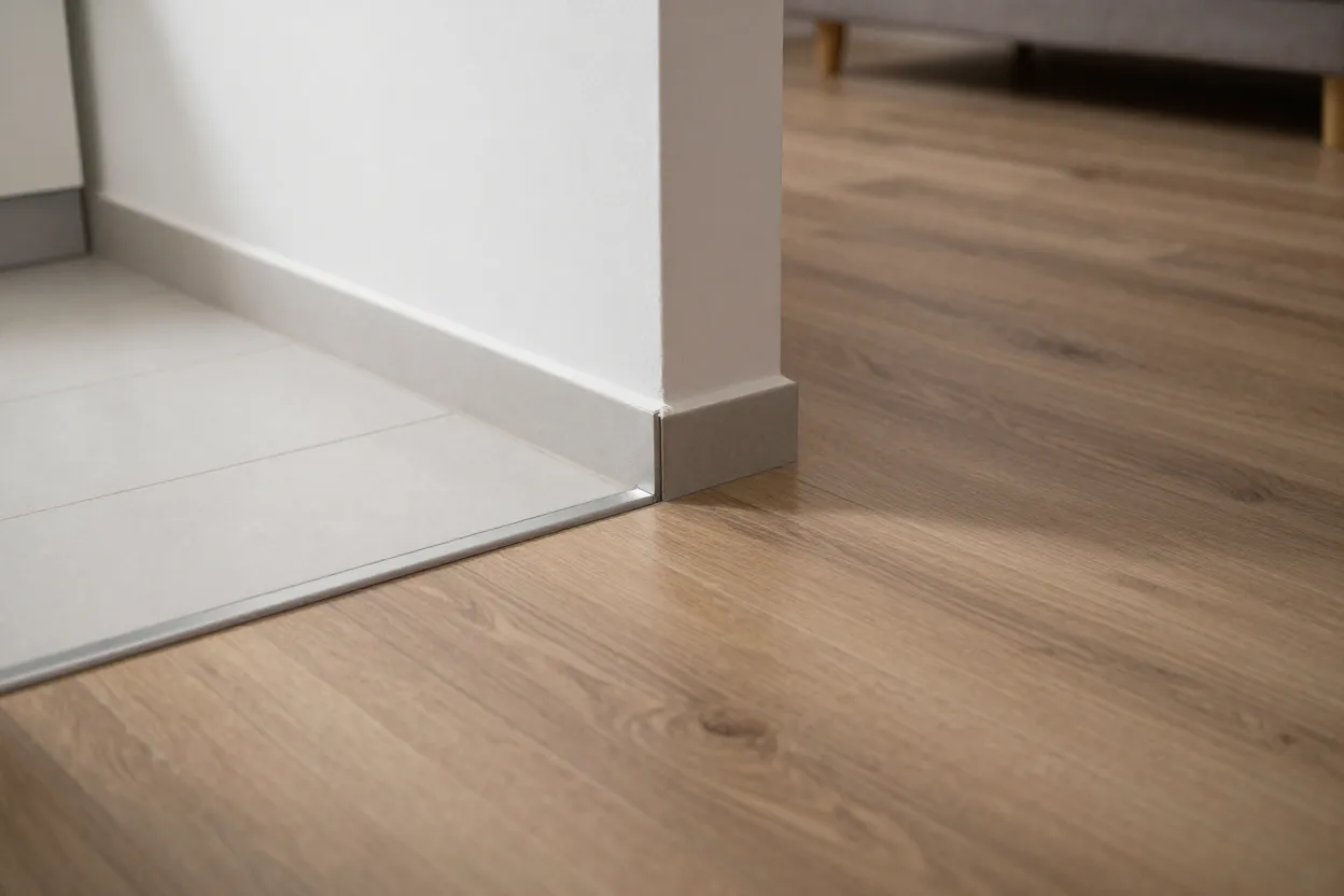 Transição de piso entre cozinha e sala com perfil metálico elegante