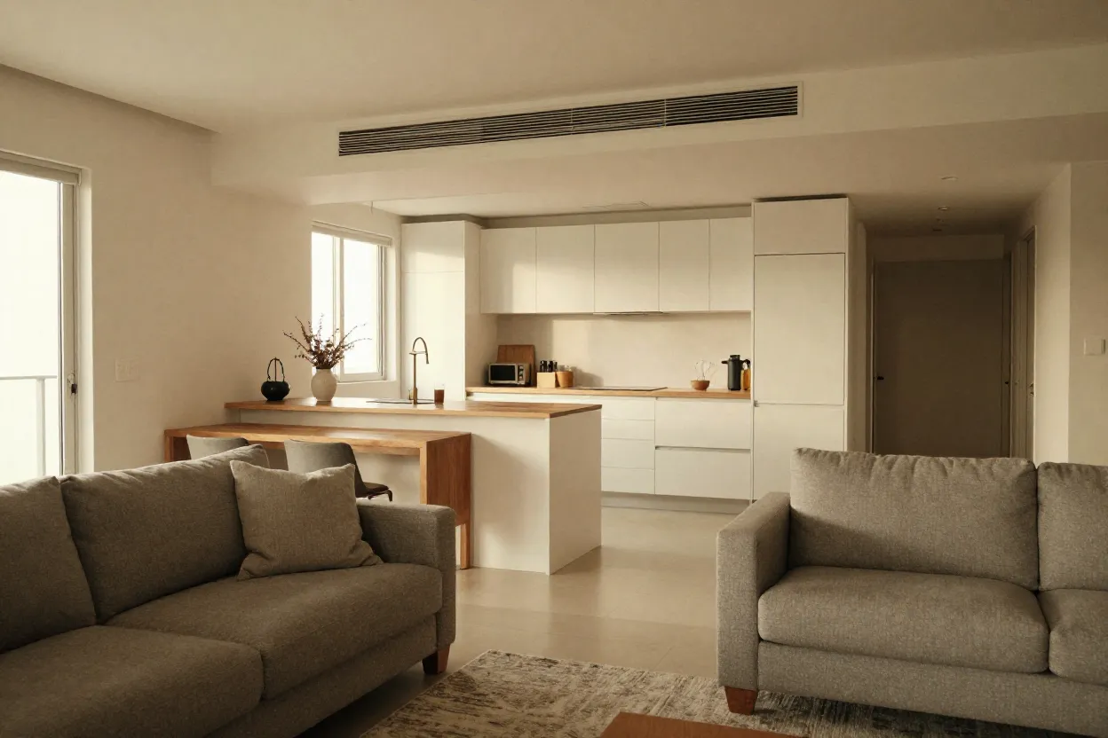 Ambiente integrado de cozinha americana com sala de estar em tons neutros harmônicos