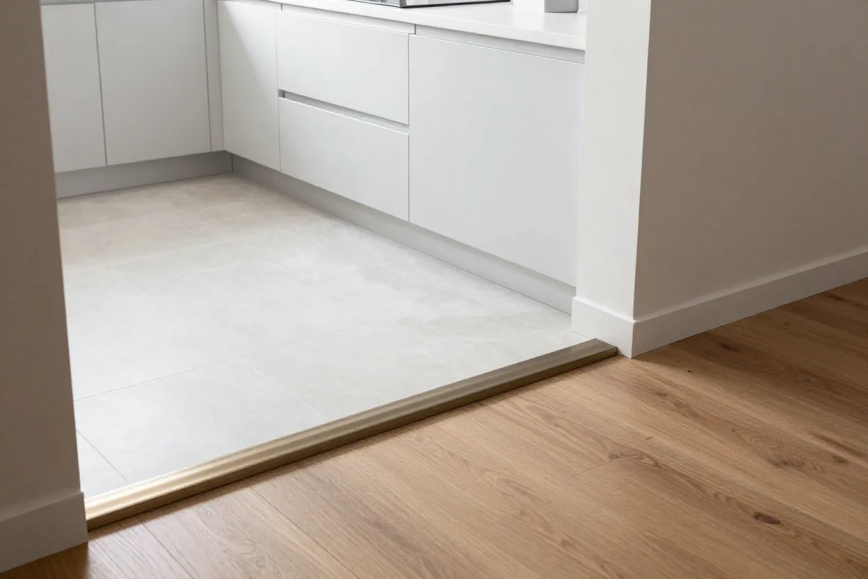 Ambiente integrado mostrando transição suave entre piso de porcelanato e madeira